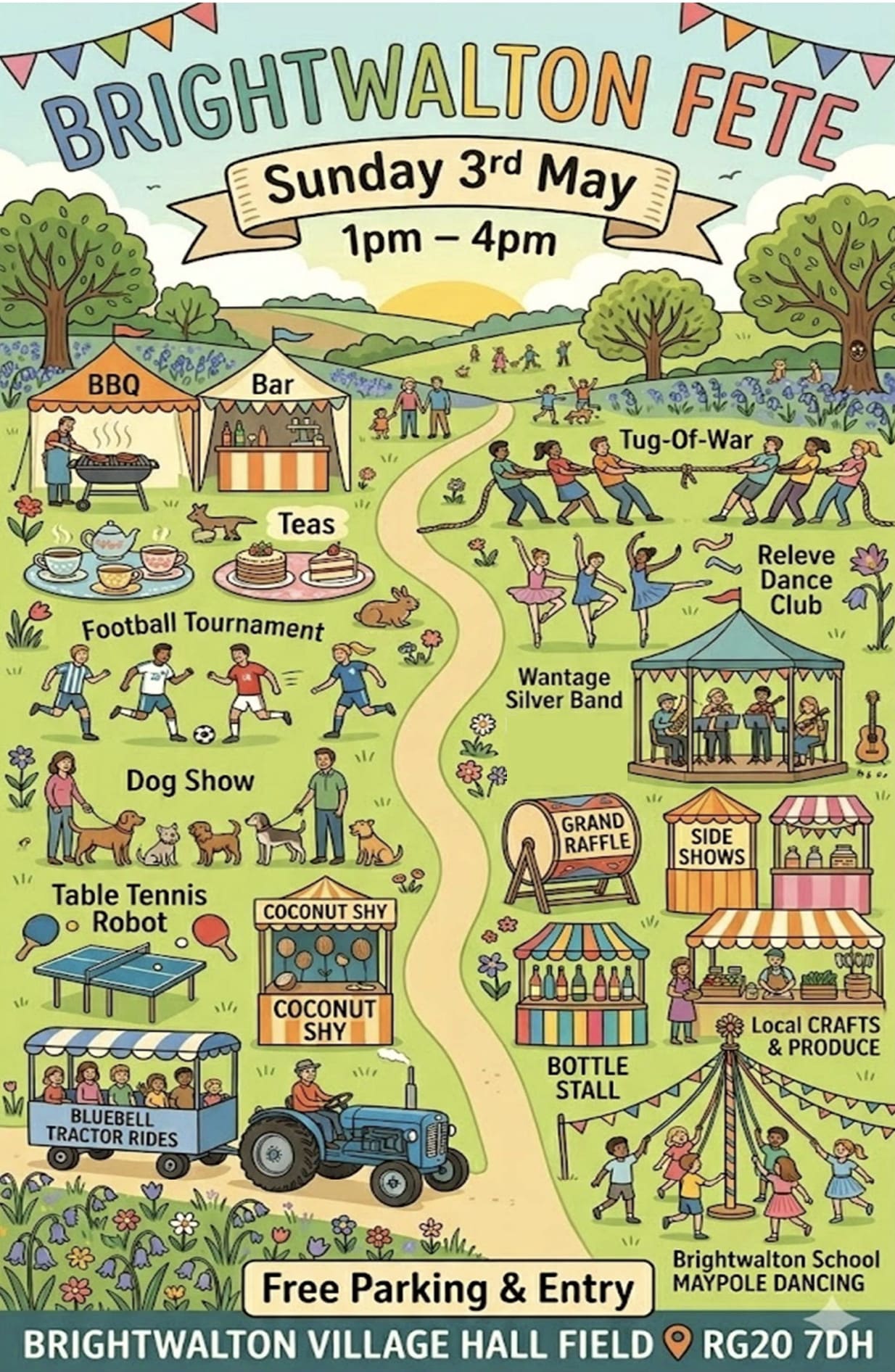 Poster for Brightwalton Fete showing activities, food stalls and entertainment